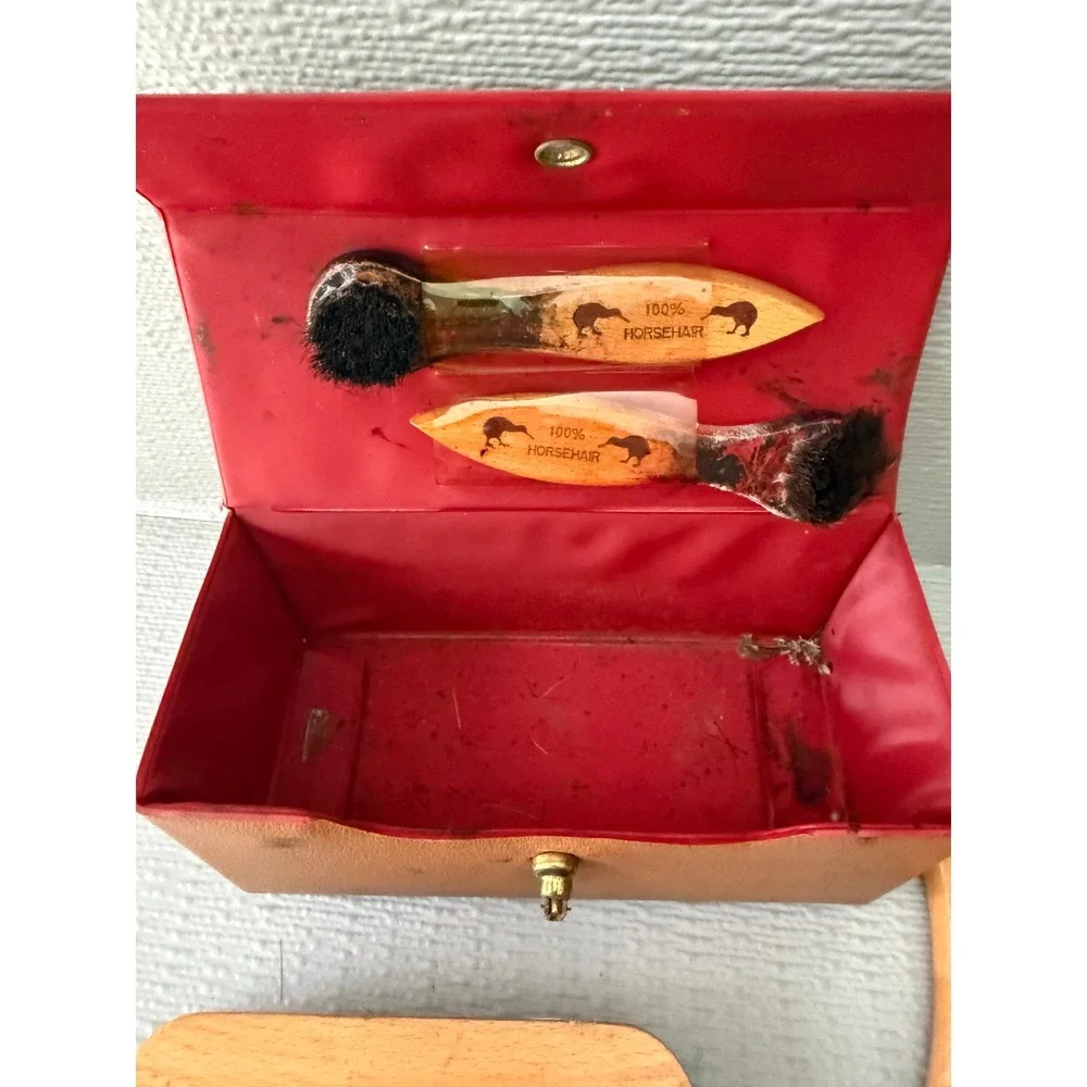 Vintage Kiwi Shoe Shine Kit‎ Horsehair Brushes Polish Travel Case